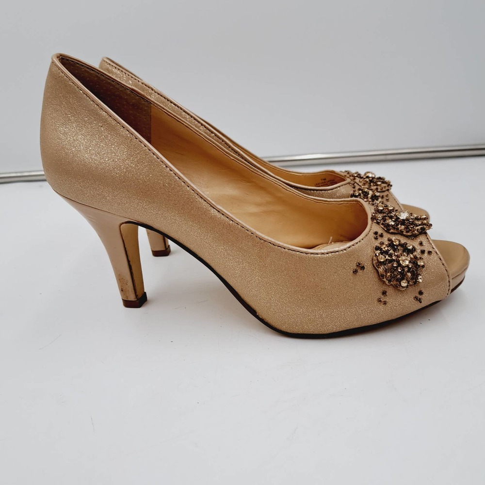 Alex Marie Goldtone Shimmer Jeweled Peep Toe Heel  7